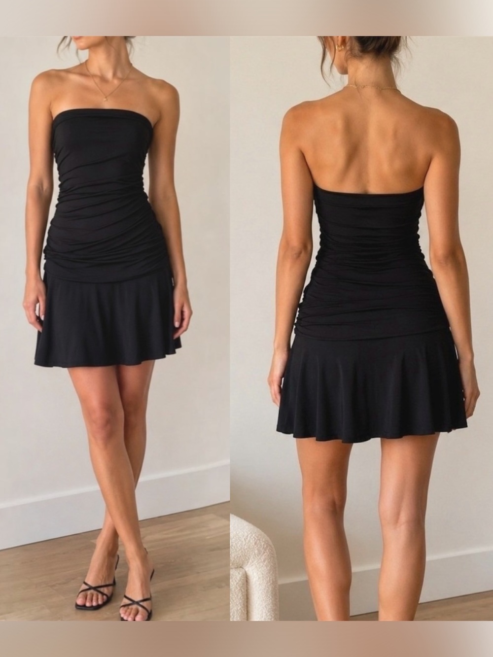 Revolve Camila Coelho Strapless Black Ruched Drop Waist Mini Dress